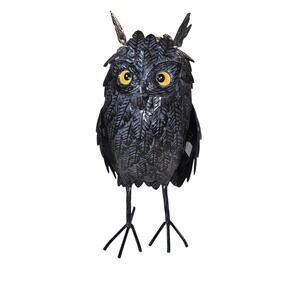 Black Metal Feathered Owl Sculpture Figurine Yellow Eyes‎ Tabletop Yard Decor